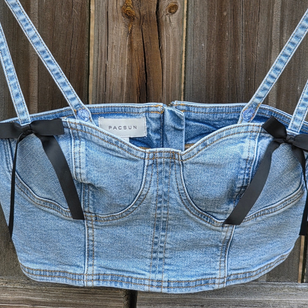 PacSun Denim Bustier Crop Bra Top M Y2K Coquette Bow Corset Style - Picture 9 of 16